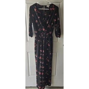 Great Jumpsuit black with Pink flowers wrinkle free  long sleeve  size XS